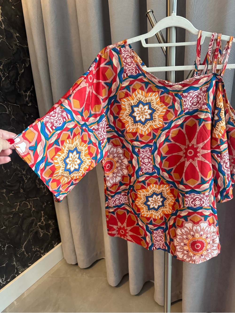 SHEIN Red Multicolor Mosaic Cold-Shoulder Blouse